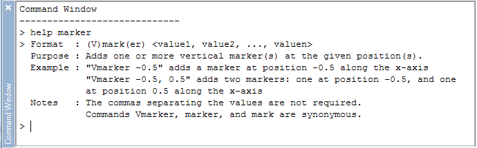 EZL's Command Window displaying help for the marker command.