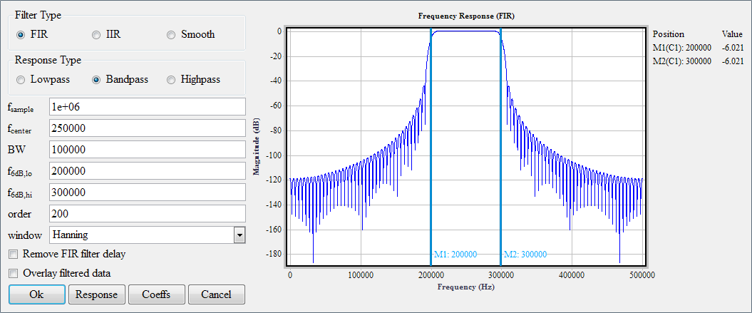 The filter design tool provides customization of your filter. A graph of the filter response is displayed with markers at its cutoff frequencies.